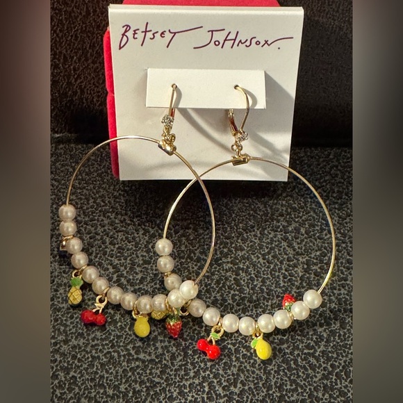 Betsy Johnson Gold Hoop Earrings with Pearl and Fruit Charms - Picture 1 of 3